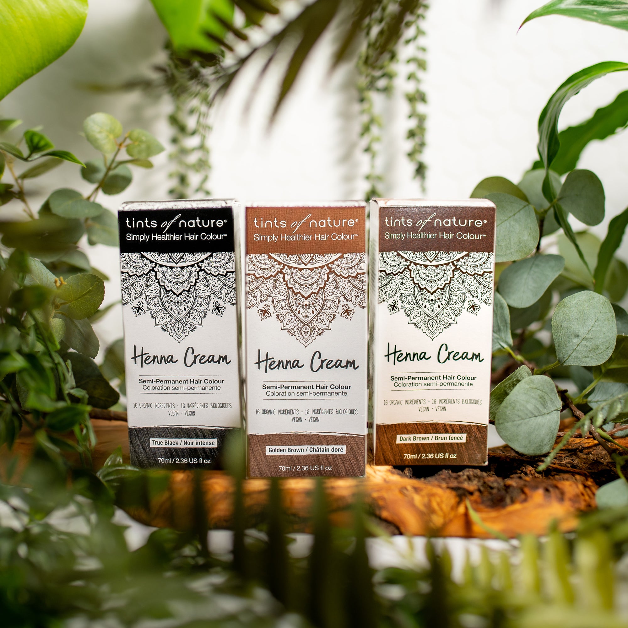 Tints of Nature Henna Cream True Black, Golden Brown and Dark Brown cartons placed on a wooden log with leaves surrounding