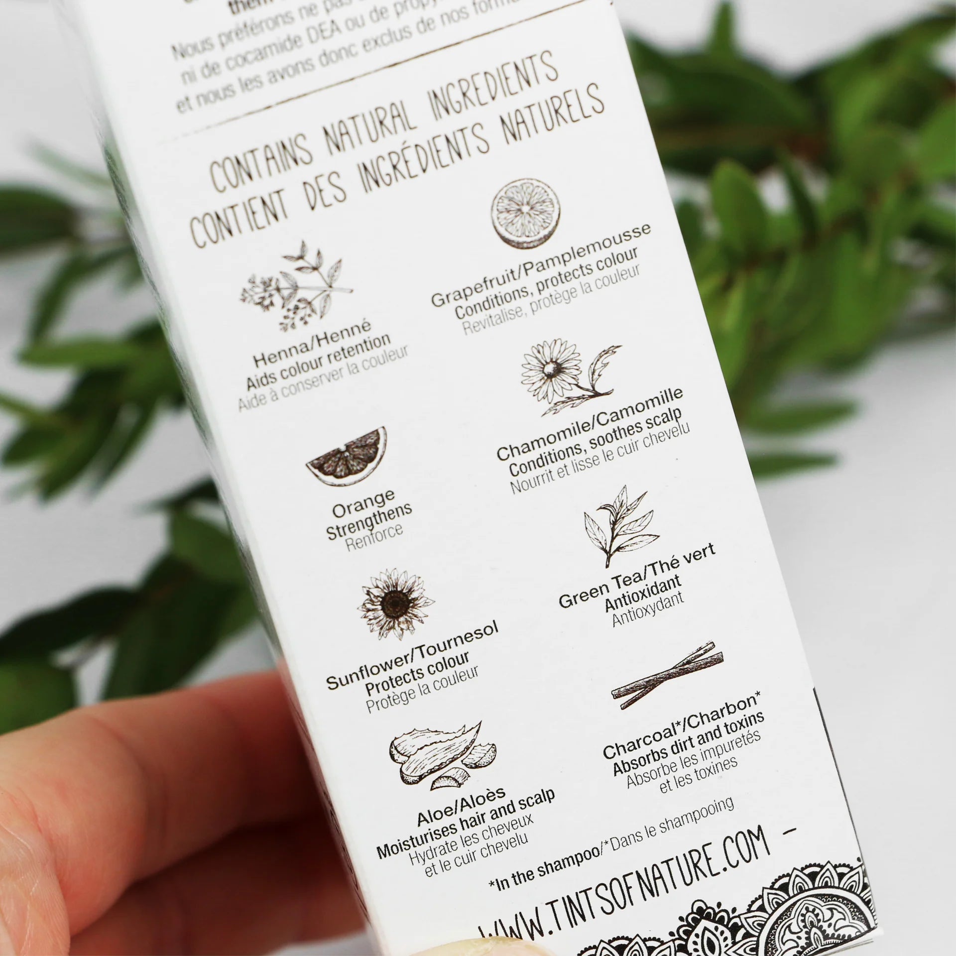 Tints of Nature Henna Cream carton showing a list of natural and organic ingredients.