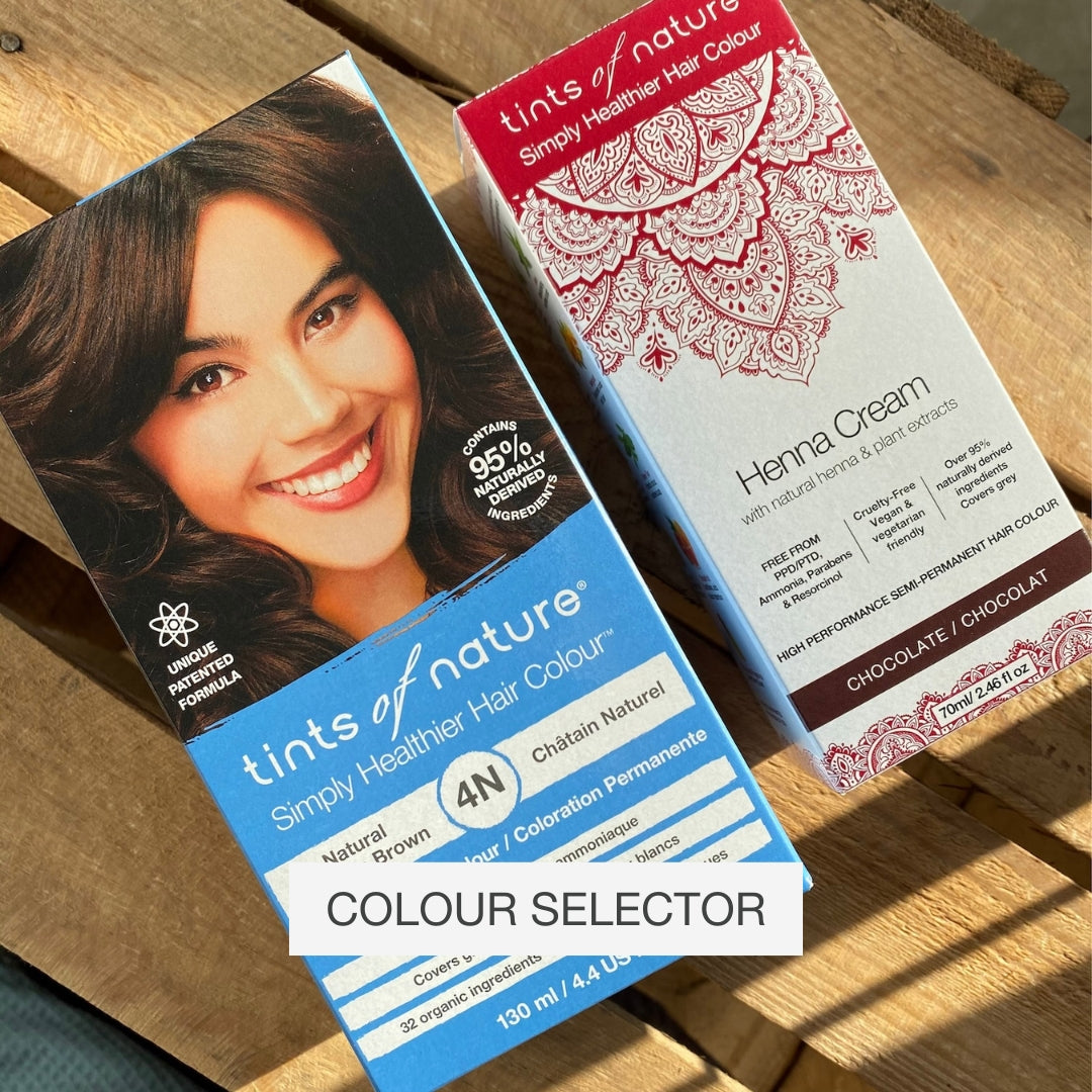 Tints of Nature Permanent Hair Dye and Henna Cream cartons outside with the word 'colour selector' on top